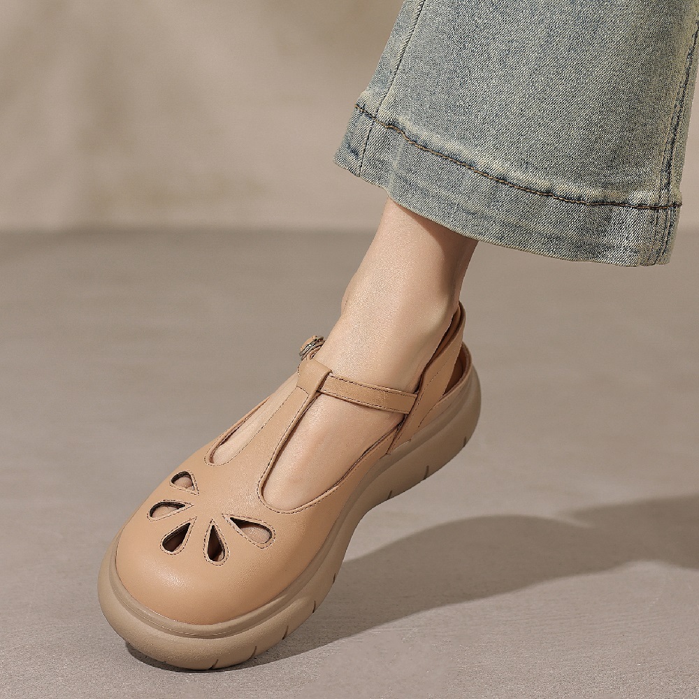 Women's 5 CM Thick Sole Genuine Leather Cut Out Summer Casual Sandals T-Strap Closed-Toe Open-Heel Comfortable Daily Commute Shoes 60417