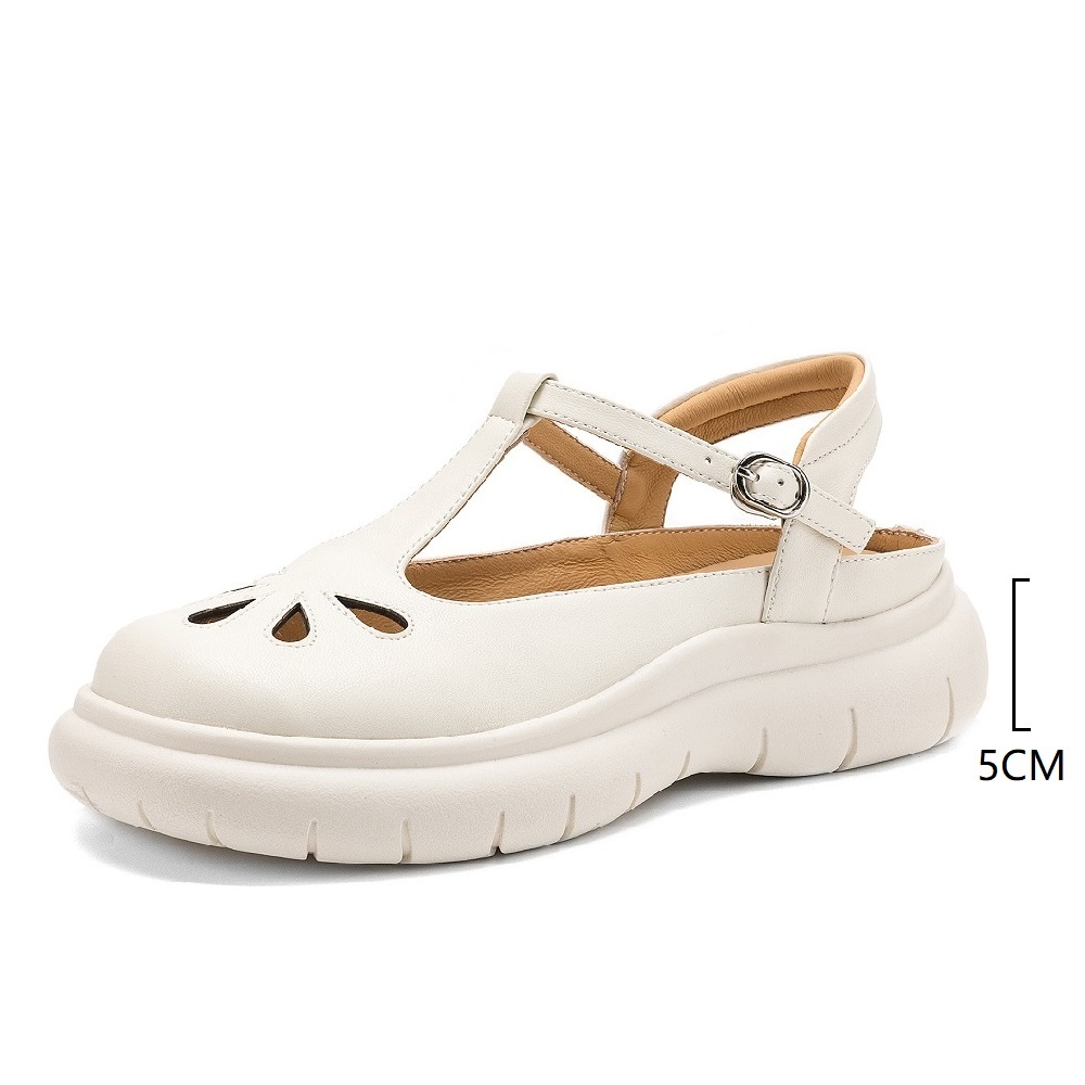 Women's 5 CM Thick Sole Genuine Leather Cut Out Summer Casual Sandals T-Strap Closed-Toe Open-Heel Comfortable Daily Commute Shoes 60417