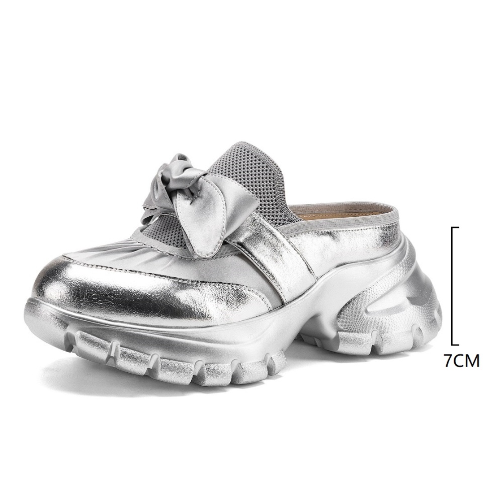 Women’s Closed Toe Mule Slippers Genuine Leather Ruched Bow 7 CM Platform Chunky Heel Spring Summer Fashion Korean Style Comfortable Casual Shoes 60417