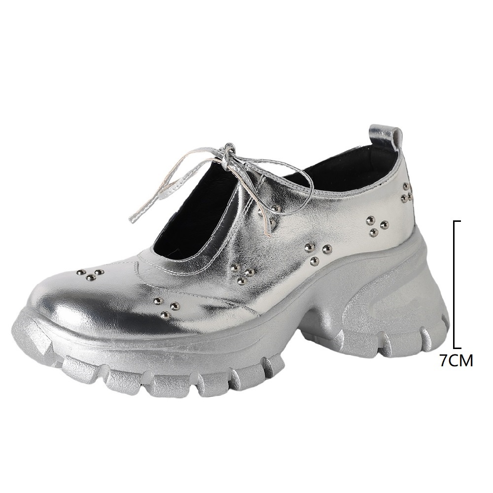 Genuine Leather Lace-up Mary Jane Shoes Women U-shaped Cut Out Rivets 7 CM Thick Sole Casual Sweet Versatile Summer Shoes 60411