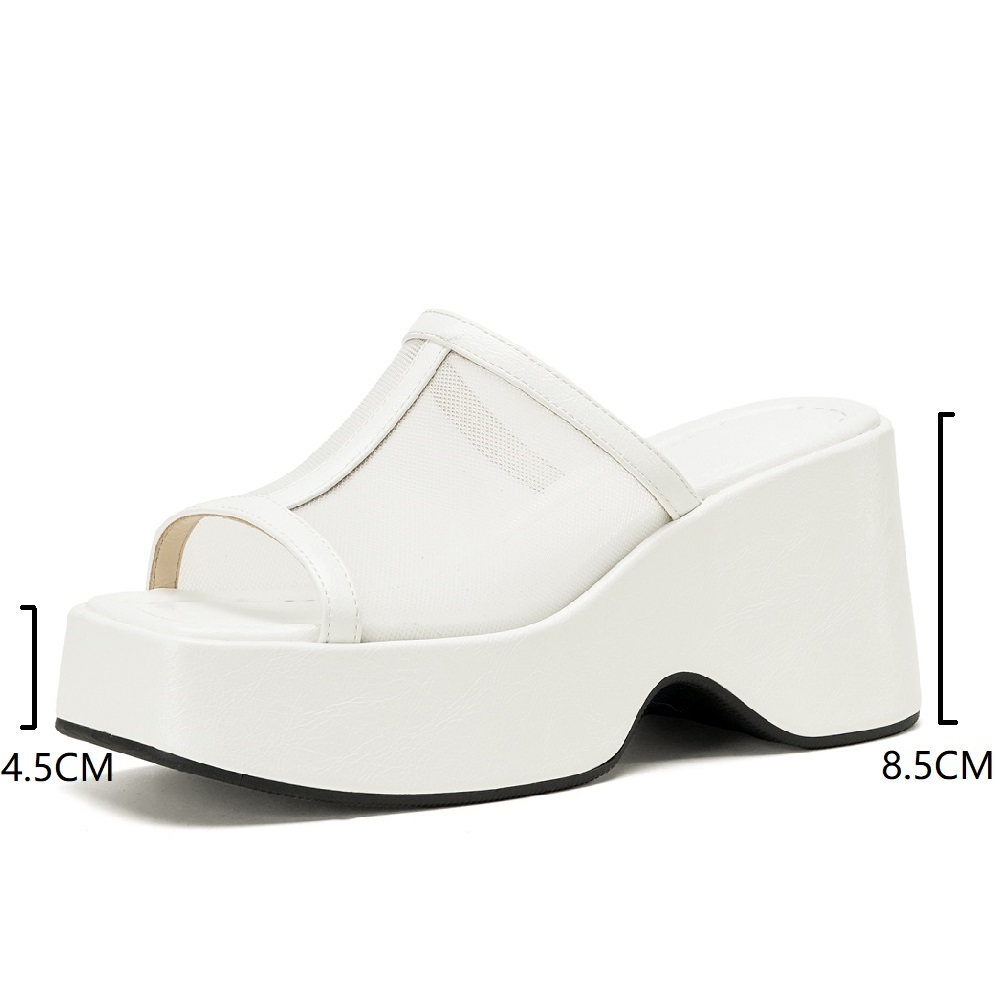 Open-Toe Summer Genuine Leather Mesh Square Toe 8.5 CM Wedge Platform Korean Style Slippers Fashion Versatile Women's Slides 60417