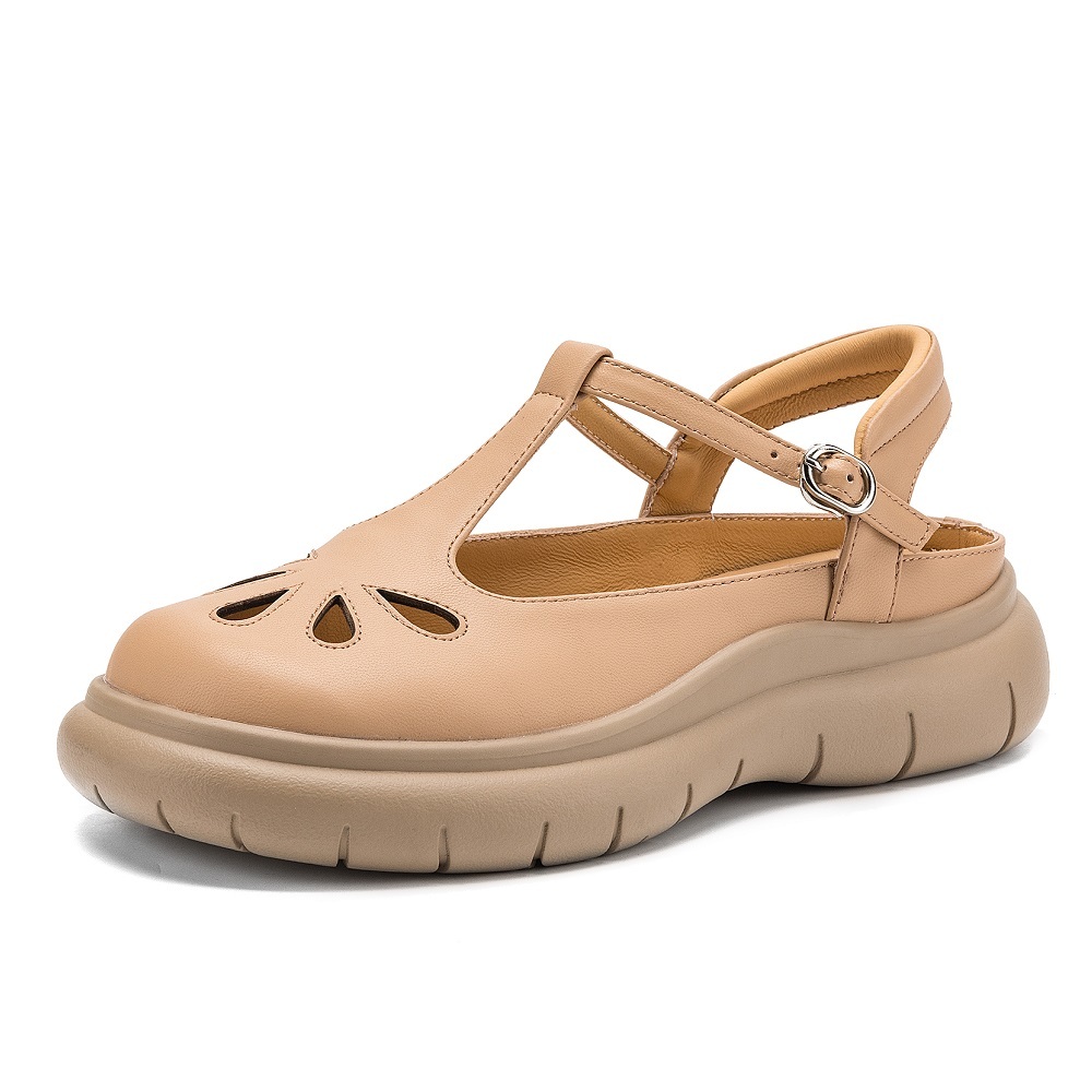 Women's 5 CM Thick Sole Genuine Leather Cut Out Summer Casual Sandals T-Strap Closed-Toe Open-Heel Comfortable Daily Commute Shoes 60417