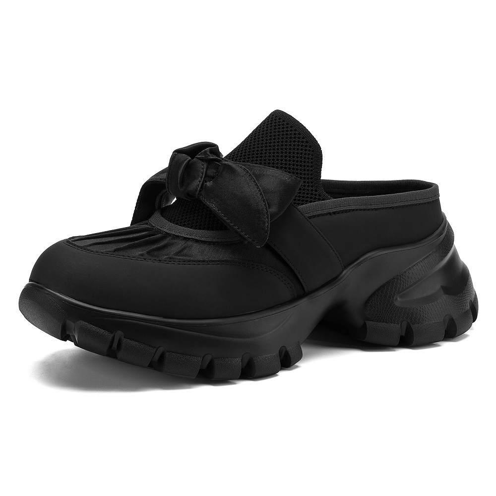 Women’s Closed Toe Mule Slippers Genuine Leather Ruched Bow 7 CM Platform Chunky Heel Spring Summer Fashion Korean Style Comfortable Casual Shoes 60417