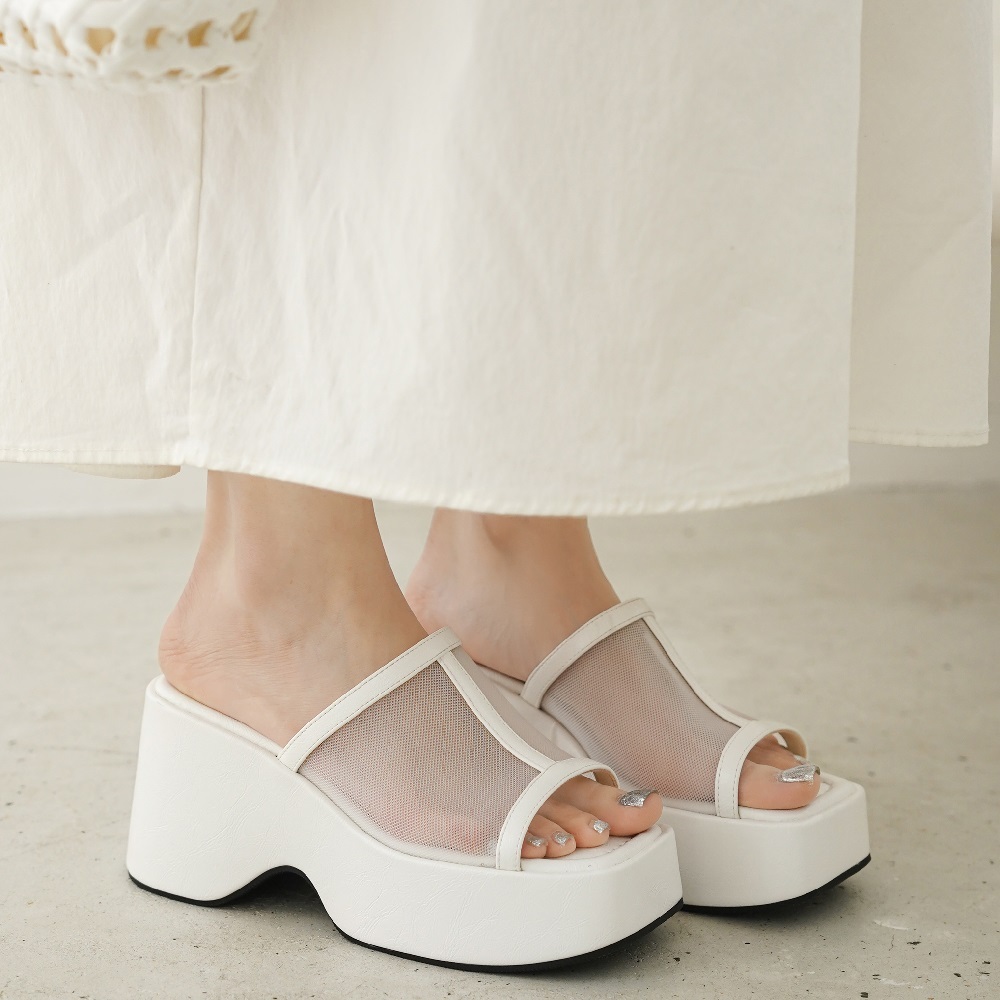 Open-Toe Summer Genuine Leather Mesh Square Toe 8.5 CM Wedge Platform Korean Style Slippers Fashion Versatile Women's Slides 60417