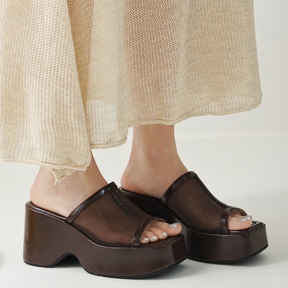 Open-Toe Summer Genuine Leather Mesh Square Toe 8.5 CM Wedge Platform Korean Style Slippers Fashion Versatile Women's Slides 60417
