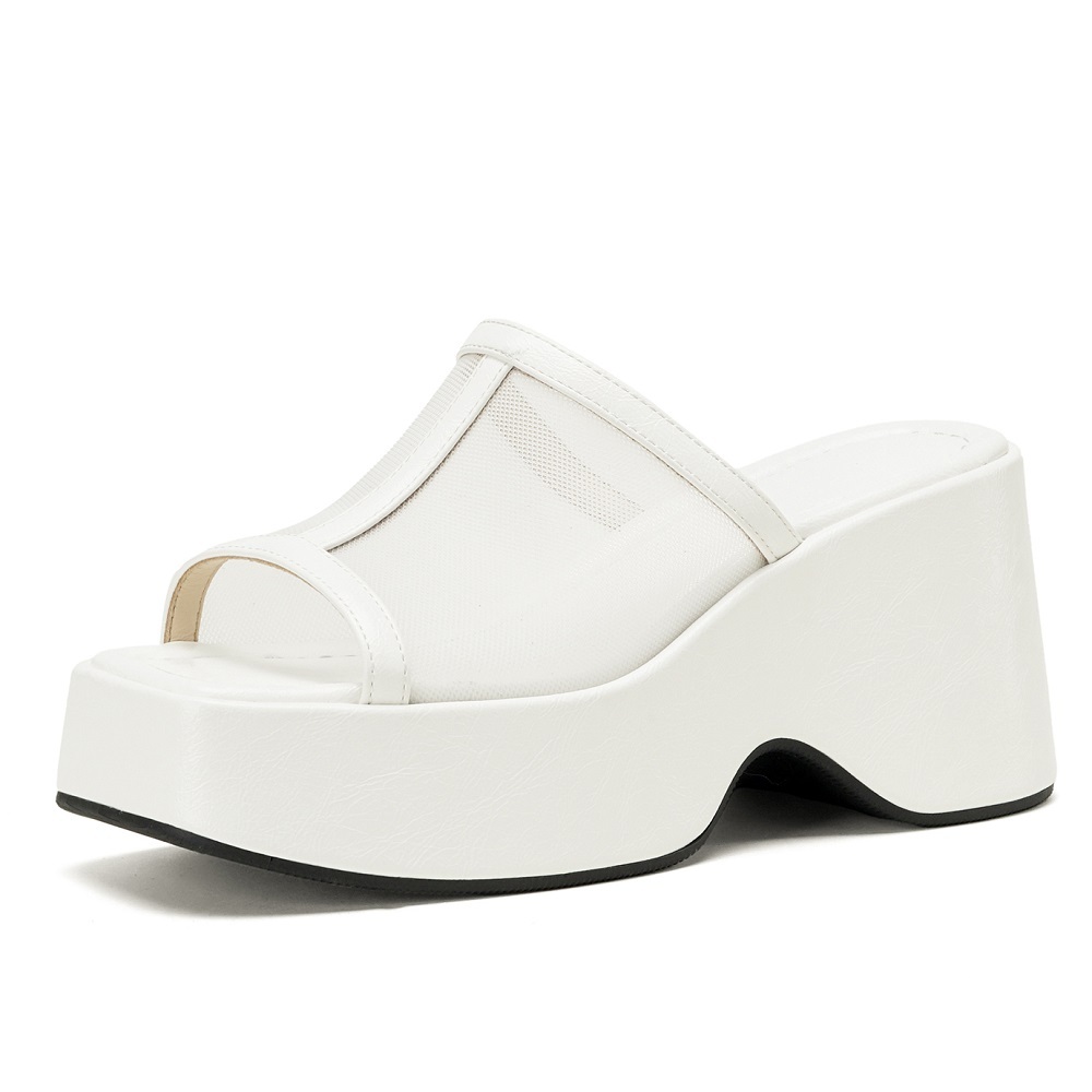 Open-Toe Summer Genuine Leather Mesh Square Toe 8.5 CM Wedge Platform Korean Style Slippers Fashion Versatile Women's Slides 60417