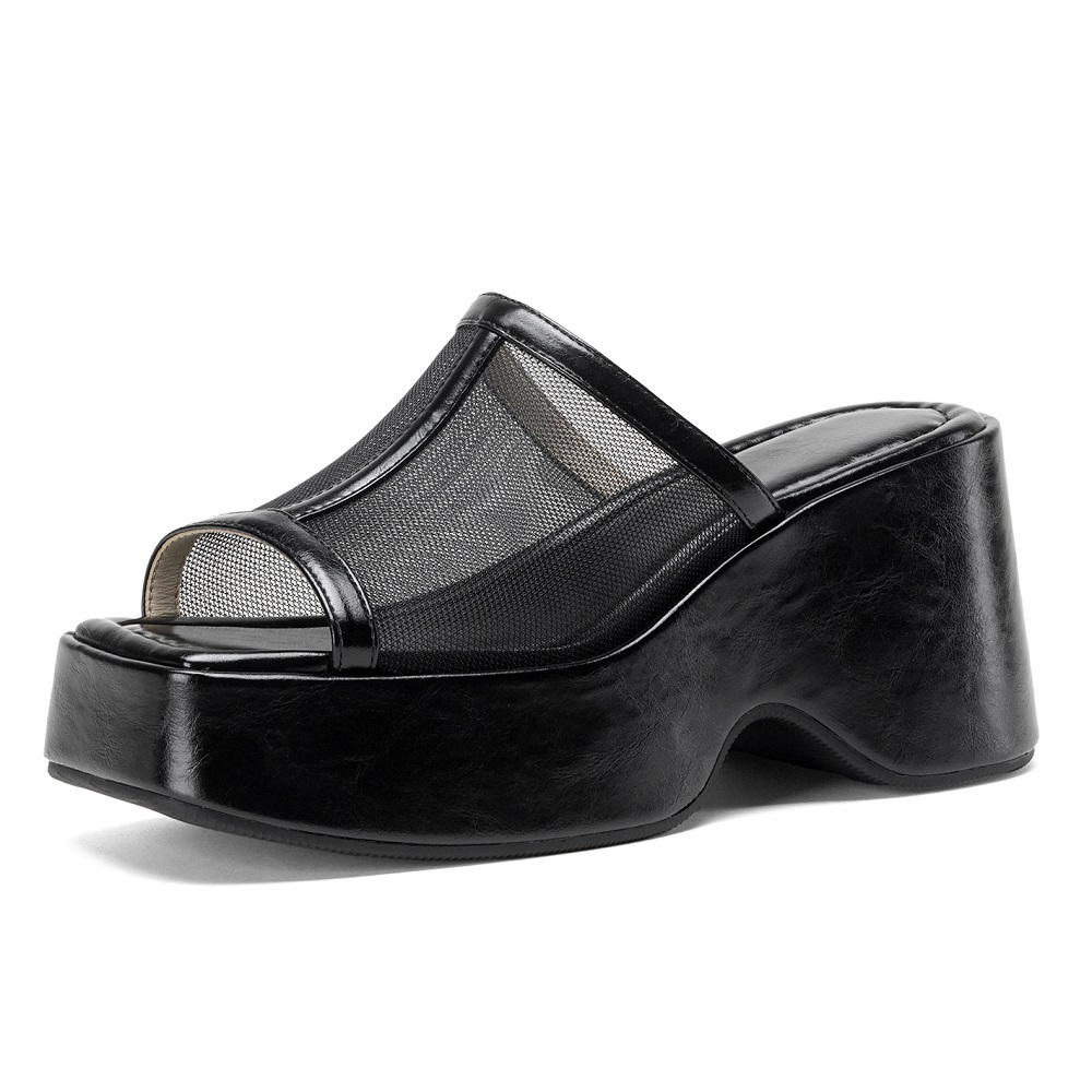 Open-Toe Summer Genuine Leather Mesh Square Toe 8.5 CM Wedge Platform Korean Style Slippers Fashion Versatile Women's Slides 60417
