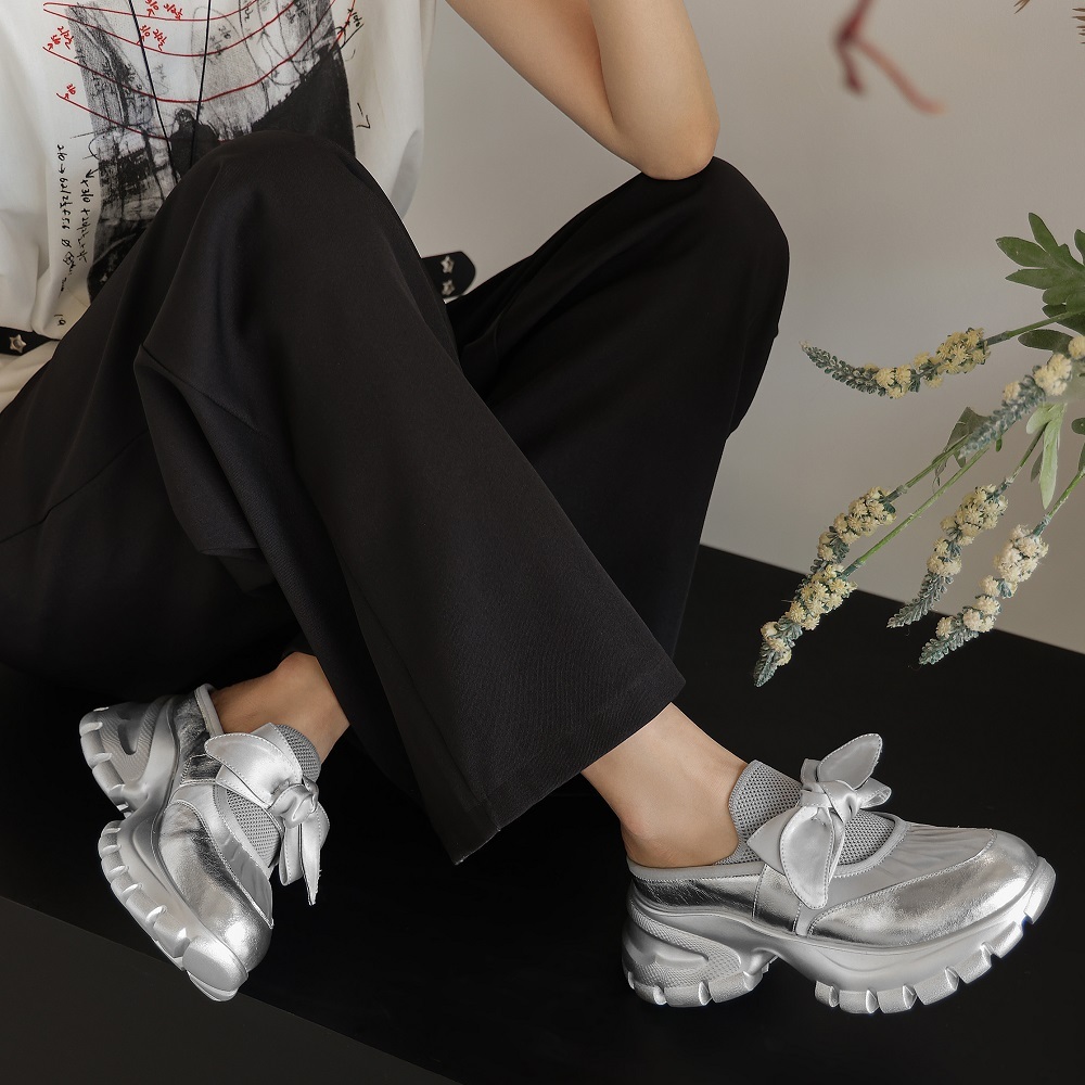 Women’s Closed Toe Mule Slippers Genuine Leather Ruched Bow 7 CM Platform Chunky Heel Spring Summer Fashion Korean Style Comfortable Casual Shoes 60417