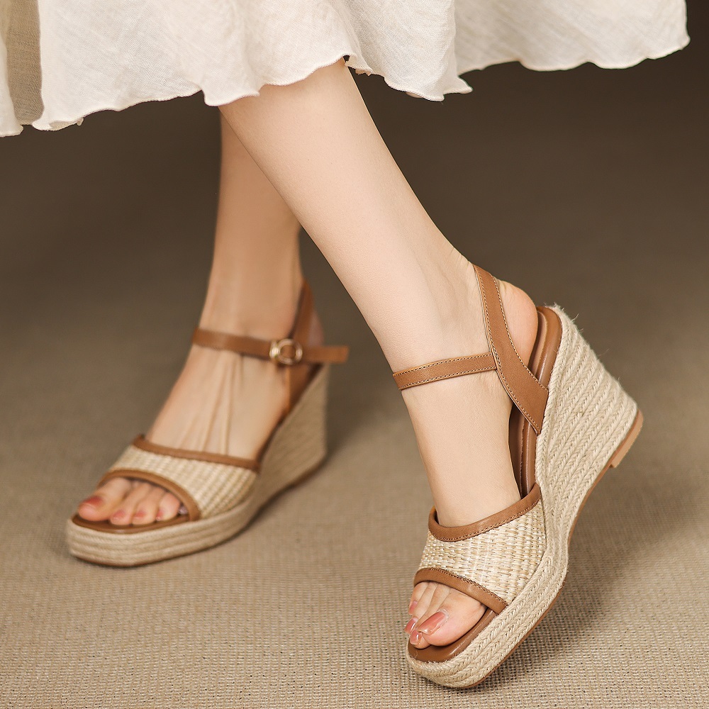 Women's Summer Sandals Platform Open Toe Espadrilles French Square Toe Wedge Heel 9 CM Ankle Strap Retro Vacation Genuine Leather Shoes 60418