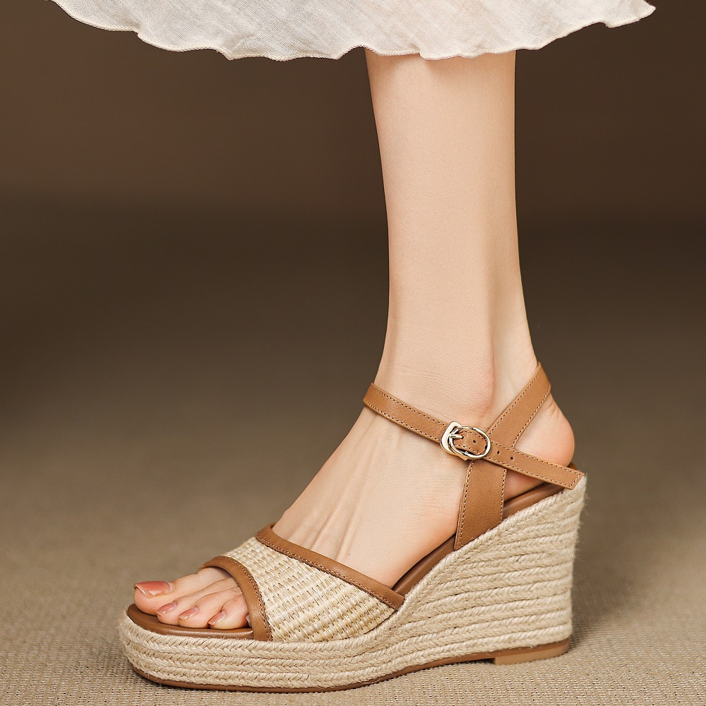 Women's Summer Sandals Platform Open Toe Espadrilles French Square Toe Wedge Heel 9 CM Ankle Strap Retro Vacation Genuine Leather Shoes 60418