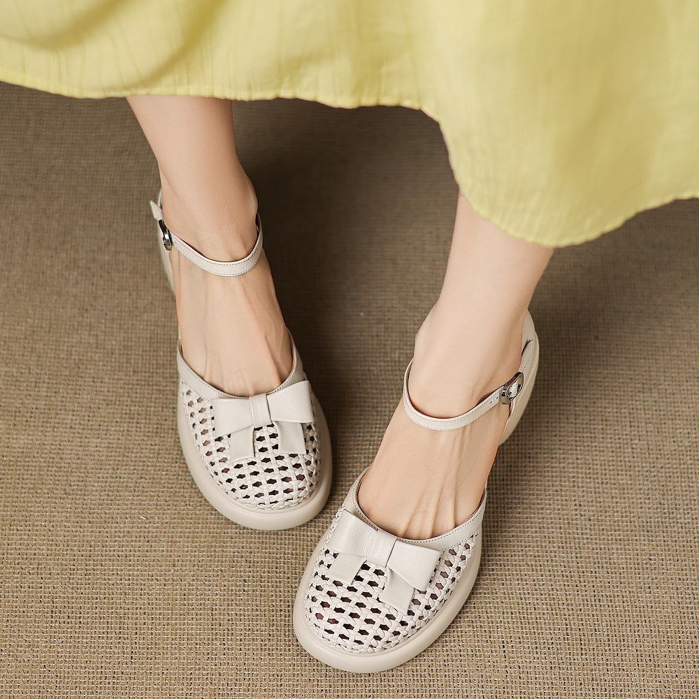 Summer Genuine Leather Cut Out Woven Bow Mary Jane Pumps 8 CM Block Heel Buckle Casual Closed Toe Women's Comfort Versatile Sandals 60418