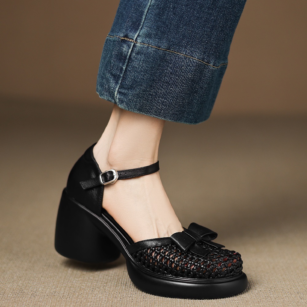 Summer Genuine Leather Cut Out Woven Bow Mary Jane Pumps 8 CM Block Heel Buckle Casual Closed Toe Women's Comfort Versatile Sandals 60418