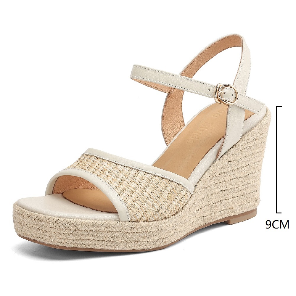 Women's Summer Sandals Platform Open Toe Espadrilles French Square Toe Wedge Heel 9 CM Ankle Strap Retro Vacation Genuine Leather Shoes 60418