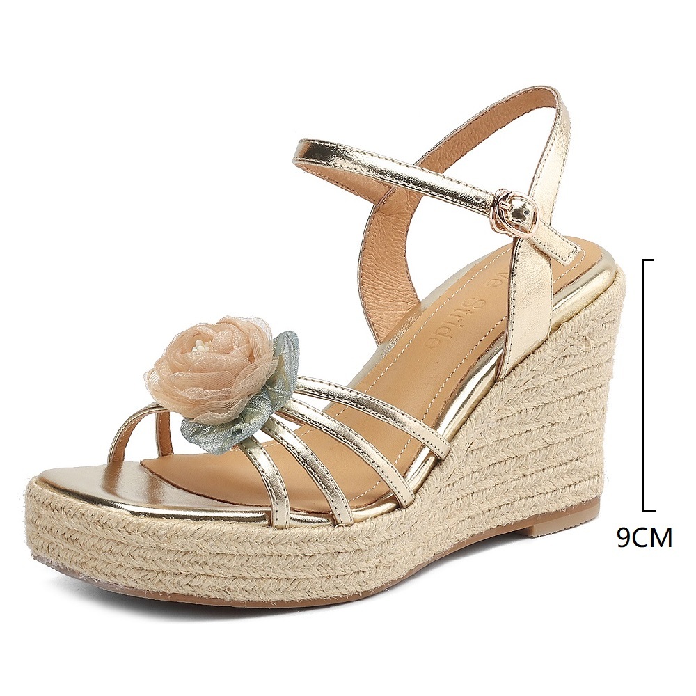 Genuine Leather Thin Straps Floral Fashion Summer New Open Toe One-Strap Buckle 9 CM Wedge Heel Resort Style Versatile Sandals 60418