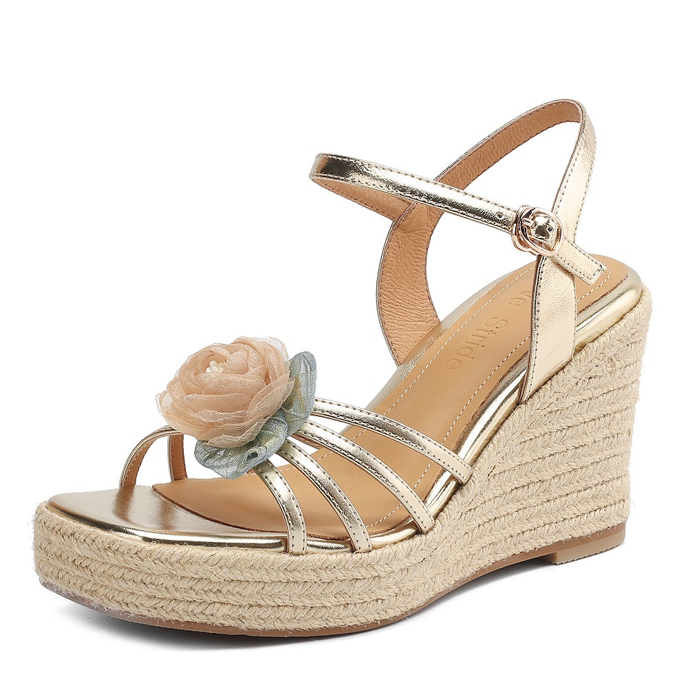 Genuine Leather Thin Straps Floral Fashion Summer New Open Toe One-Strap Buckle 9 CM Wedge Heel Resort Style Versatile Sandals 60418