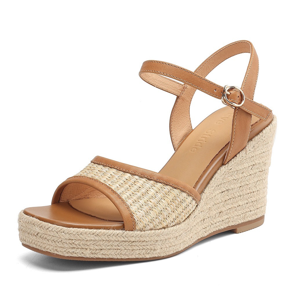 Women's Summer Sandals Platform Open Toe Espadrilles French Square Toe Wedge Heel 9 CM Ankle Strap Retro Vacation Genuine Leather Shoes 60418