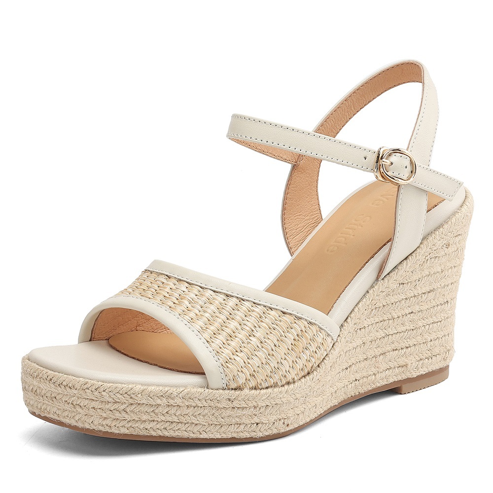Women's Summer Sandals Platform Open Toe Espadrilles French Square Toe Wedge Heel 9 CM Ankle Strap Retro Vacation Genuine Leather Shoes 60418