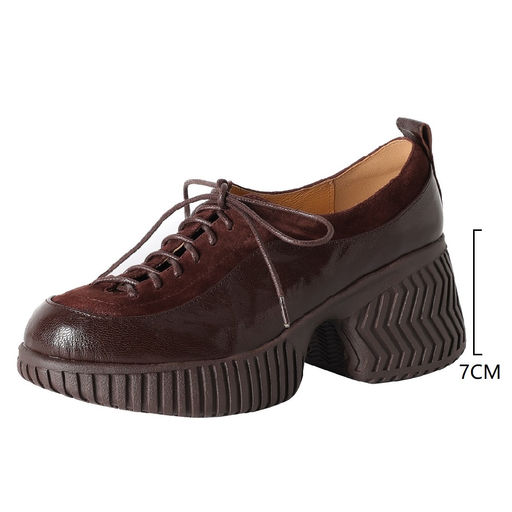 Casual British Retro Spring Autumn Genuine Leather Lace Up Women's Shoes 8 CM Square Heel Stitched Splicing Slim Commuter Footwear Sneakers 60420