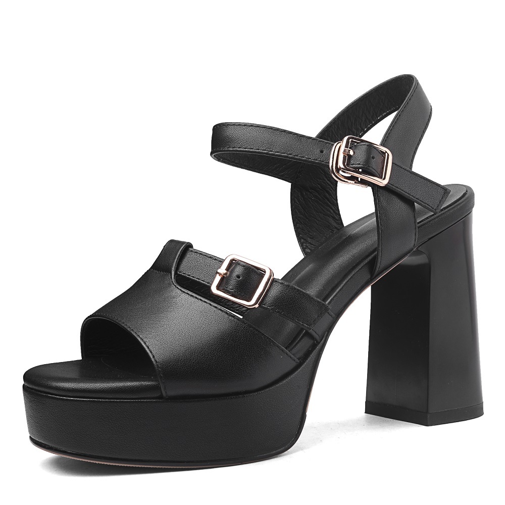 Genuine Leather Belt Buckle 11 CM High Heels Cut Out Peep Toe One Strap Sandals French Concise Formal Dress Women's Fashion Shoes 60420
