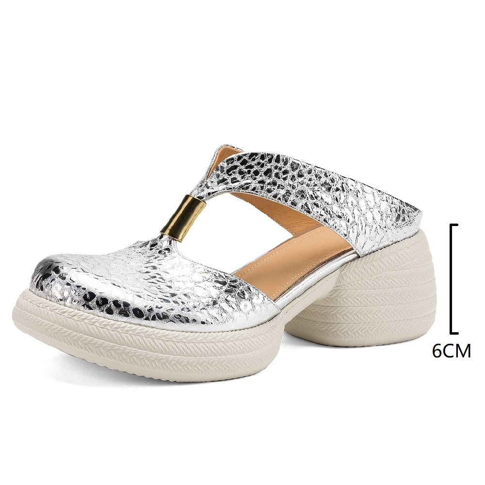 Women's Genuine Leather Embossed Mules Closed Toe Cut Out 6 CM Chunky Heel Metal Buckle Summer Versatile Fashion Slippers 60420