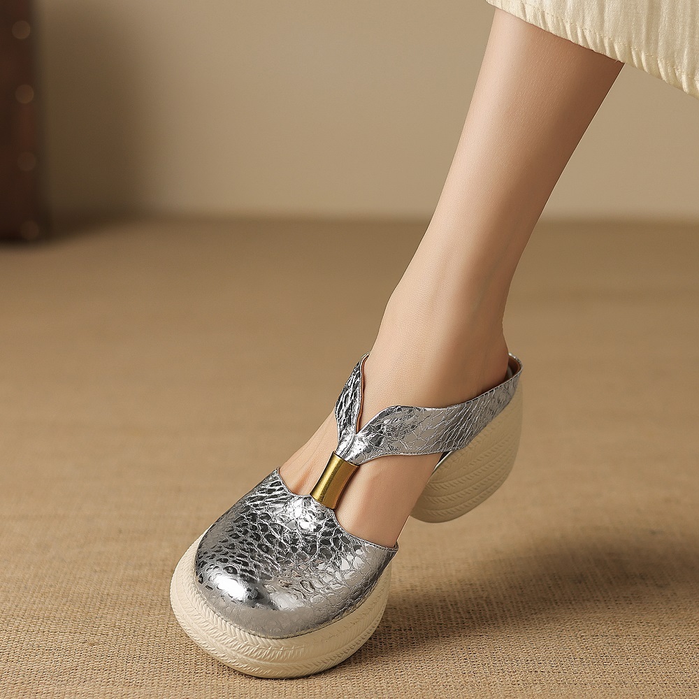Women's Genuine Leather Embossed Mules Closed Toe Cut Out 6 CM Chunky Heel Metal Buckle Summer Versatile Fashion Slippers 60420