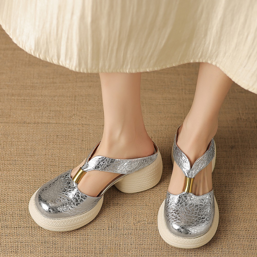 Women's Genuine Leather Embossed Mules Closed Toe Cut Out 6 CM Chunky Heel Metal Buckle Summer Versatile Fashion Slippers 60420