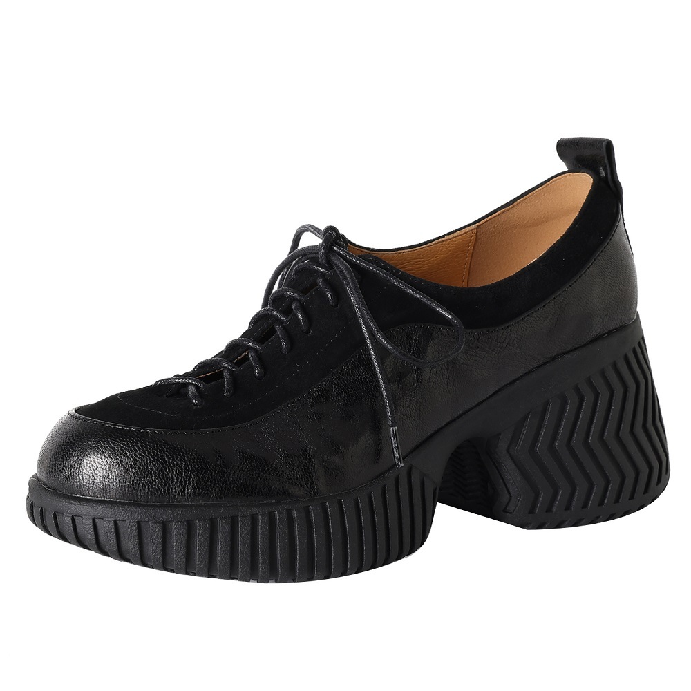 Casual British Retro Spring Autumn Genuine Leather Lace Up Women's Shoes 8 CM Square Heel Stitched Splicing Slim Commuter Footwear Sneakers 60420