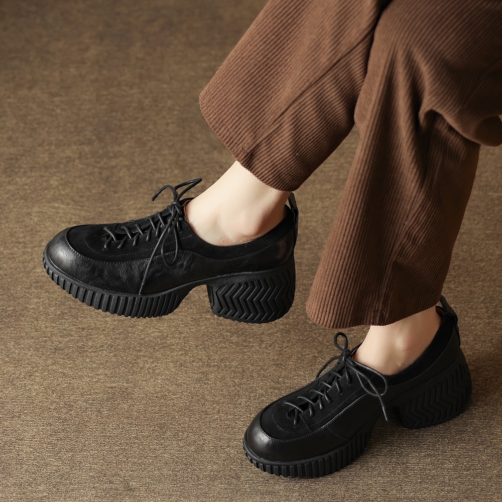 Casual British Retro Spring Autumn Genuine Leather Lace Up Women's Shoes 8 CM Square Heel Stitched Splicing Slim Commuter Footwear Sneakers 60420
