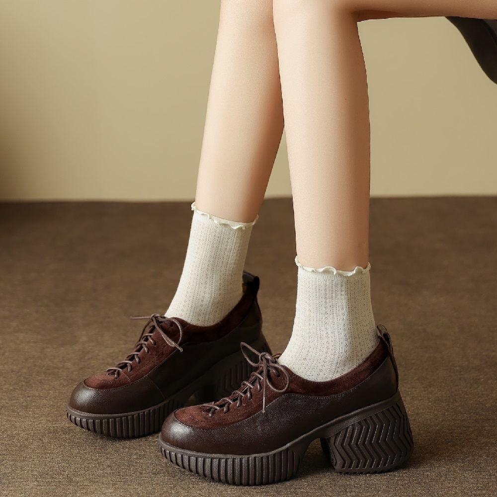 Casual British Retro Spring Autumn Genuine Leather Lace Up Women's Shoes 8 CM Square Heel Stitched Splicing Slim Commuter Footwear Sneakers 60420
