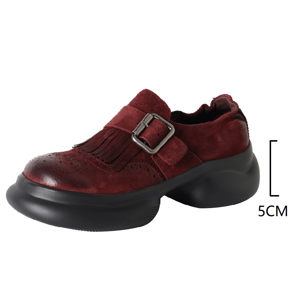 Vintage Burnished Leather Loafers Women 5 CM Block Heel Buckle Strap British Pleated Fringe Brogue Carved Genuine Leather Casual Daily Spring Autumn  60421