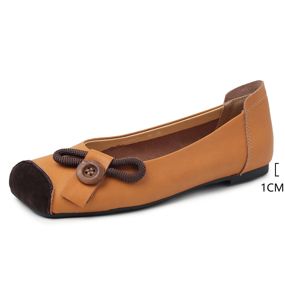 Genuine Leather Square Toe Ballet Flats Retro Slip-On Soft Sole Button Design Casual Women's Spring Summer Plush Size 41 42 Low Cut Shoes 60421
