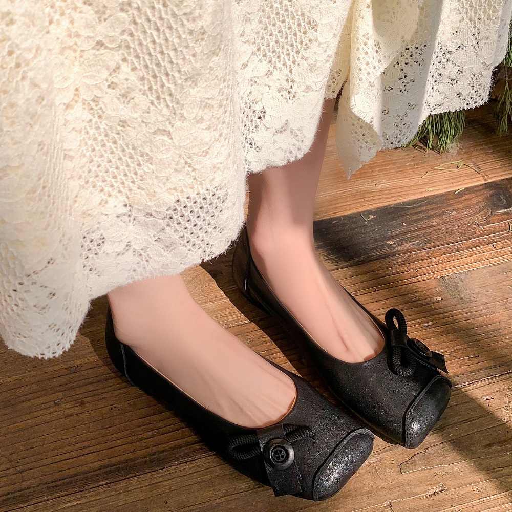 Genuine Leather Square Toe Ballet Flats Retro Slip-On Soft Sole Button Design Casual Women's Spring Summer Plush Size 41 42 Low Cut Shoes 60421