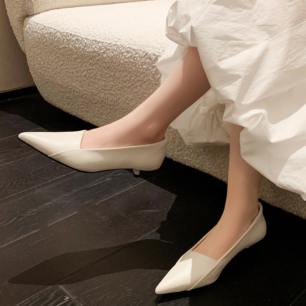 Genuine Leather Women's Pointed Toe Shallow Mouth Slip On Shoes 3.5 CM Heel French Minimalist Versatile Plus Size 41 42 Daily Dress Shoes