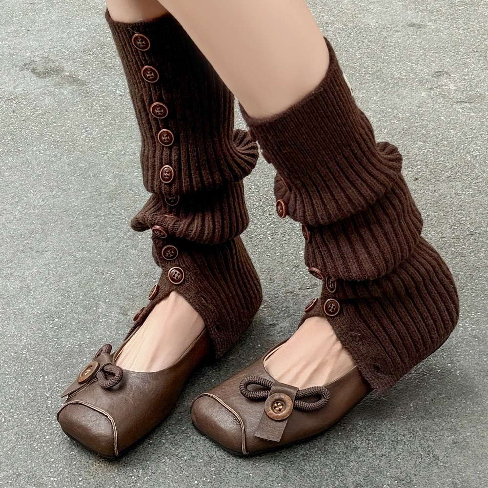 Genuine Leather Square Toe Ballet Flats Retro Slip-On Soft Sole Button Design Casual Women's Spring Summer Plush Size 41 42 Low Cut Shoes 60421