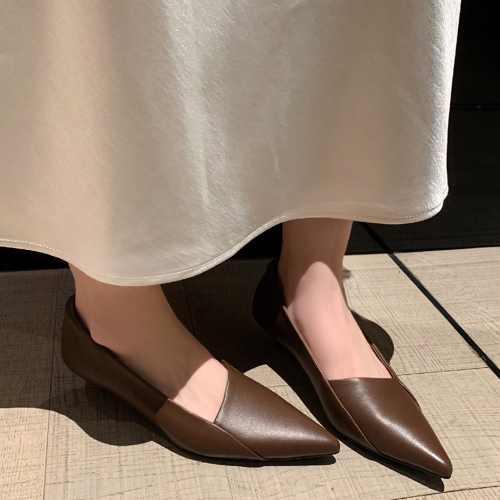 Genuine Leather Women's Pointed Toe Shallow Mouth Slip On Shoes 3.5 CM Heel French Minimalist Versatile Plus Size 41 42 Daily Dress Shoes