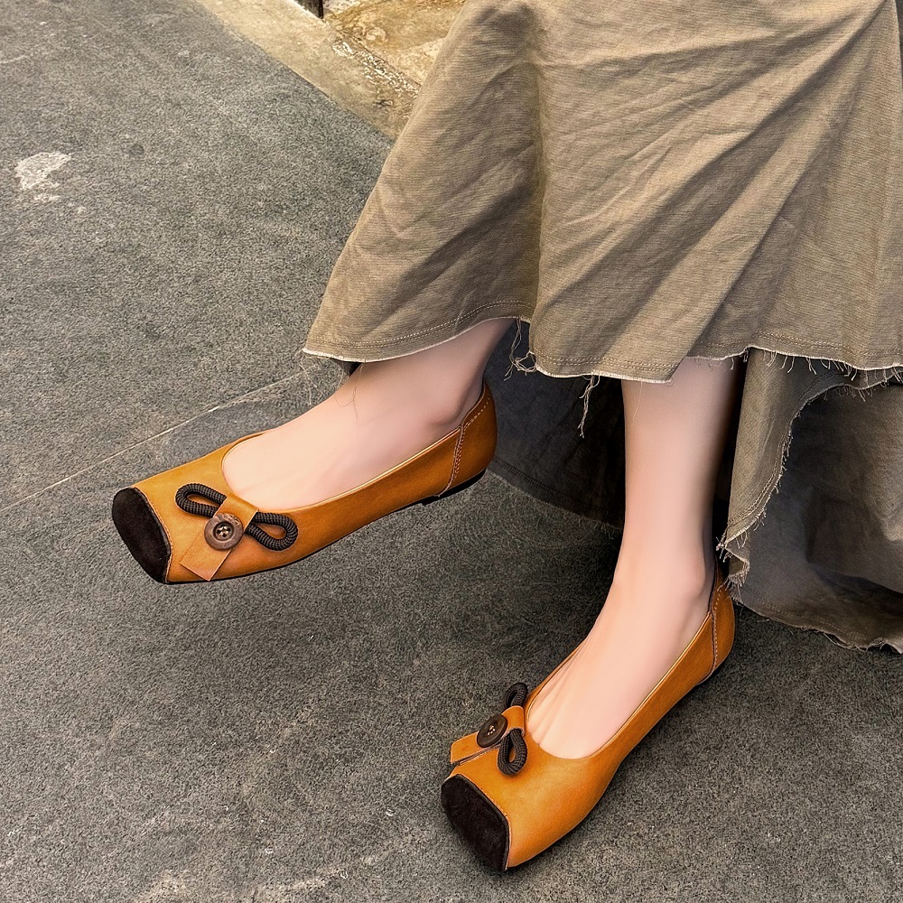 Genuine Leather Square Toe Ballet Flats Retro Slip-On Soft Sole Button Design Casual Women's Spring Summer Plush Size 41 42 Low Cut Shoes 60421