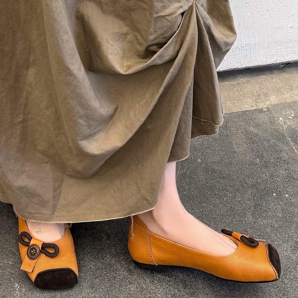 Genuine Leather Square Toe Ballet Flats Retro Slip-On Soft Sole Button Design Casual Women's Spring Summer Plush Size 41 42 Low Cut Shoes 60421