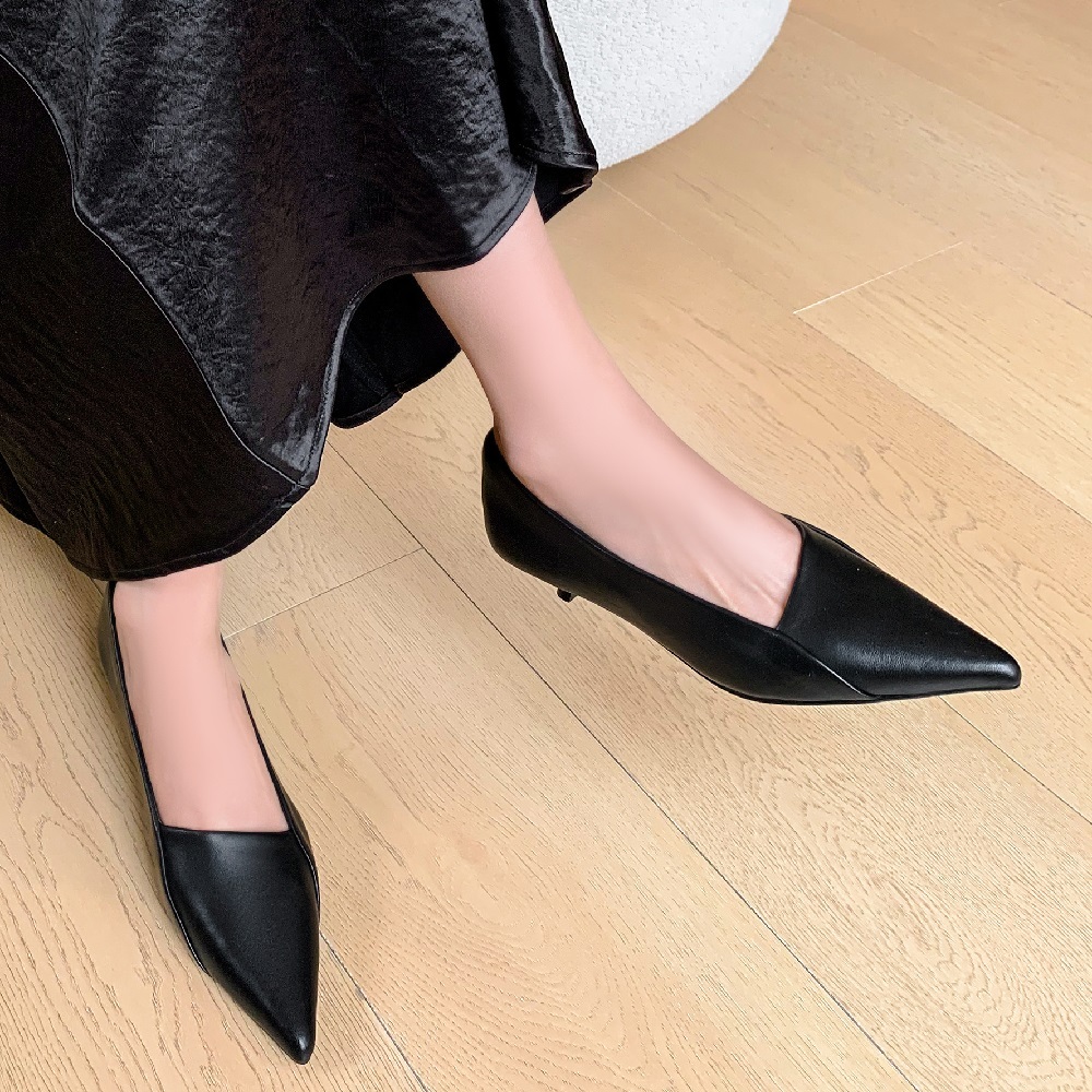 Genuine Leather Women's Pointed Toe Shallow Mouth Slip On Shoes 3.5 CM Heel French Minimalist Versatile Plus Size 41 42 Daily Dress Shoes