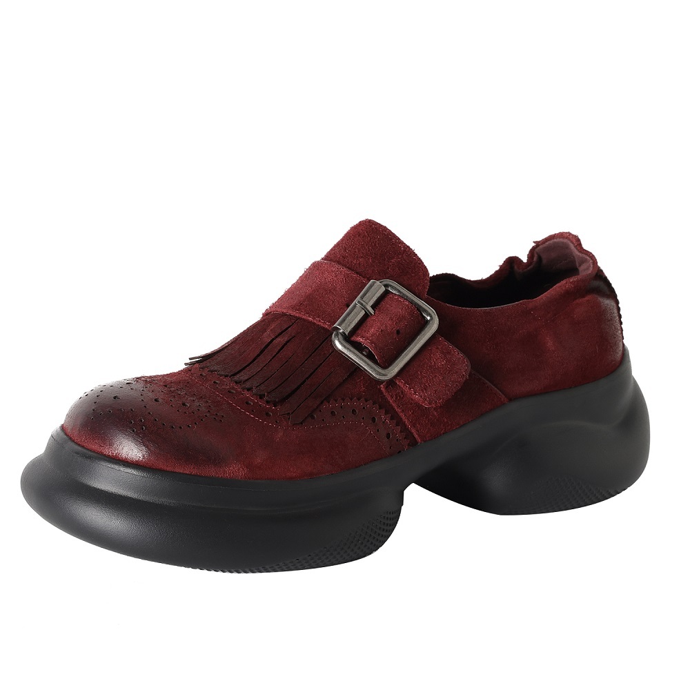 Vintage Burnished Leather Loafers Women 5 CM Block Heel Buckle Strap British Pleated Fringe Brogue Carved Genuine Leather Casual Daily Spring Autumn  60421