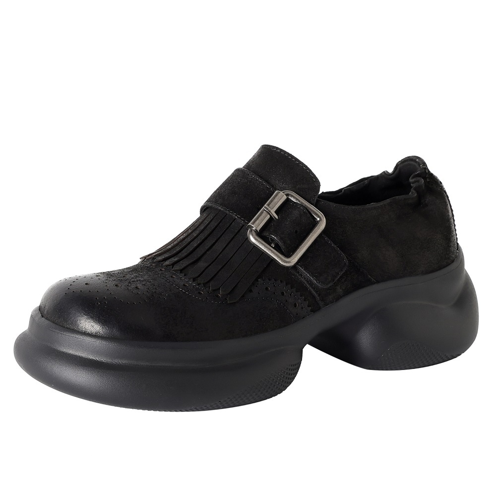 Vintage Burnished Leather Loafers Women 5 CM Block Heel Buckle Strap British Pleated Fringe Brogue Carved Genuine Leather Casual Daily Spring Autumn  60421