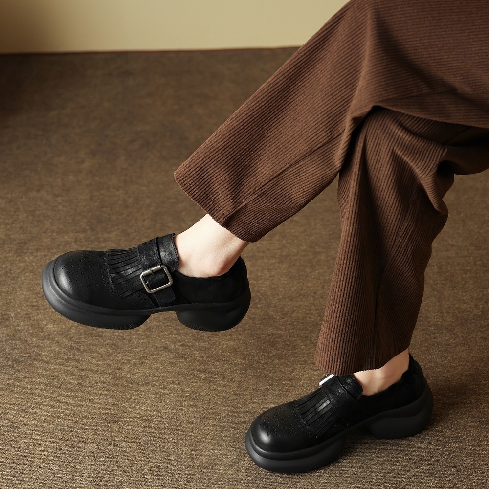 Vintage Burnished Leather Loafers Women 5 CM Block Heel Buckle Strap British Pleated Fringe Brogue Carved Genuine Leather Casual Daily Spring Autumn  60421
