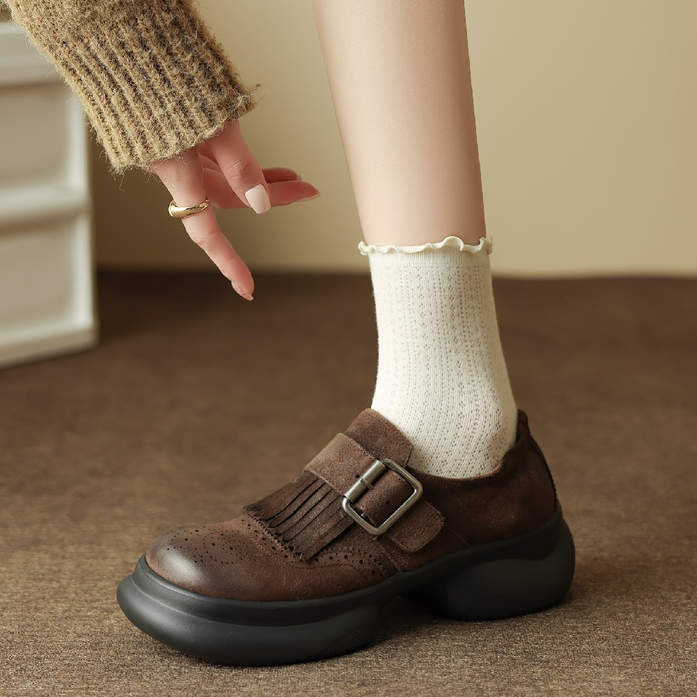 Vintage Burnished Leather Loafers Women 5 CM Block Heel Buckle Strap British Pleated Fringe Brogue Carved Genuine Leather Casual Daily Spring Autumn  60421