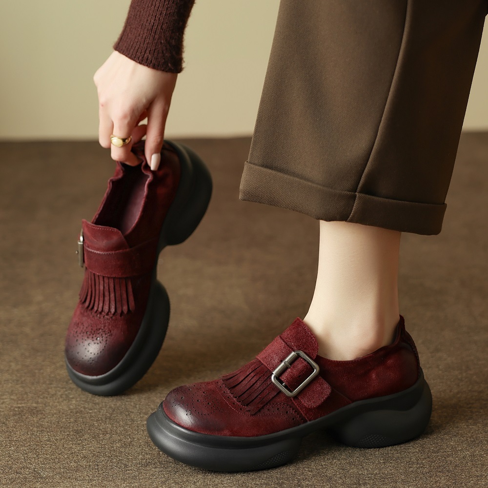Vintage Burnished Leather Loafers Women 5 CM Block Heel Buckle Strap British Pleated Fringe Brogue Carved Genuine Leather Casual Daily Spring Autumn  60421