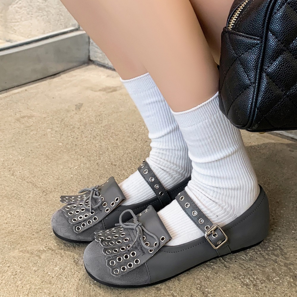 Spring Summer Shallow Mouth Women Shoes Genuine Leather Retro Flat Mary Jane Shoes Rivets Tassel Bow Sweet Cool Daily Wear 60422