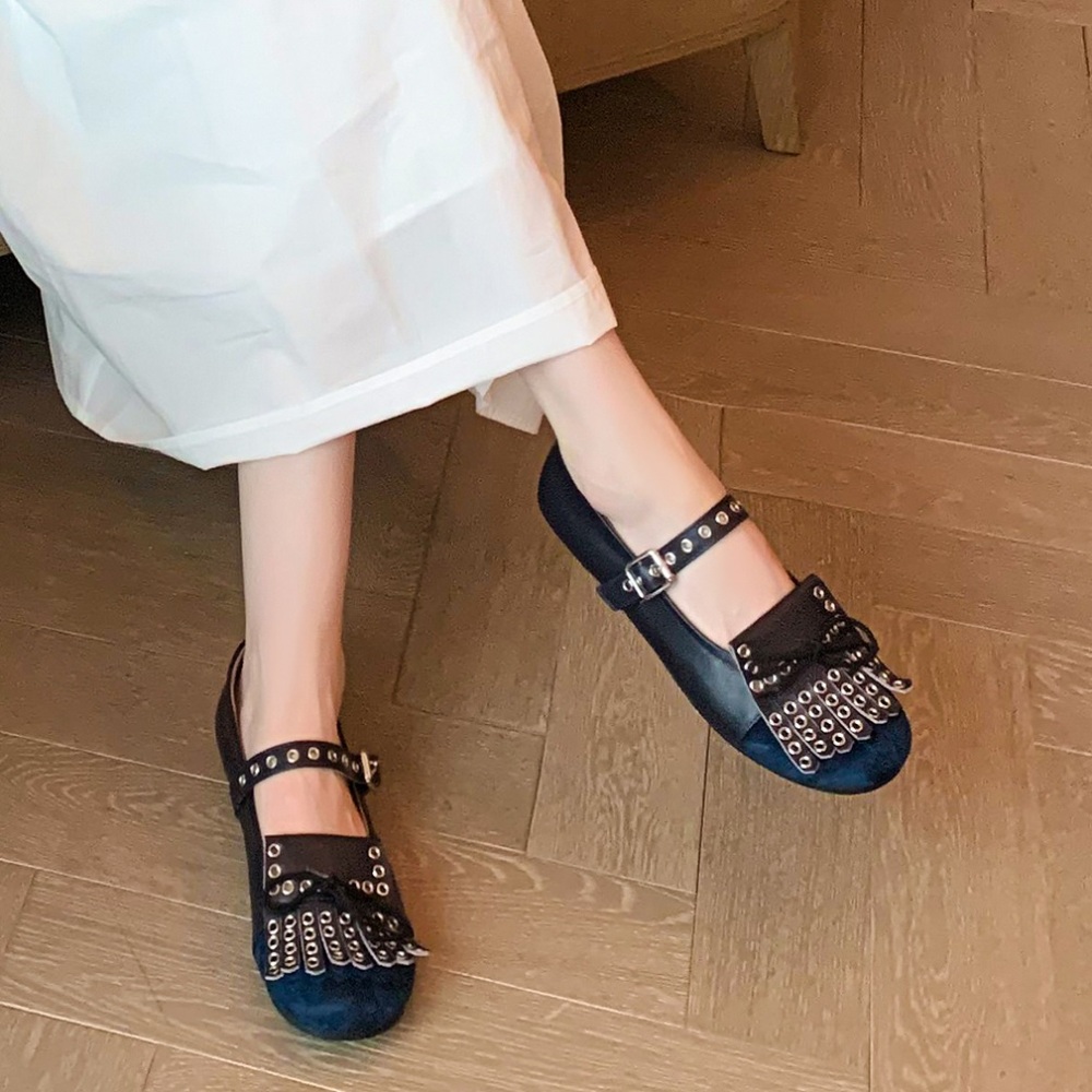 Spring Summer Shallow Mouth Women Shoes Genuine Leather Retro Flat Mary Jane Shoes Rivets Tassel Bow Sweet Cool Daily Wear 60422