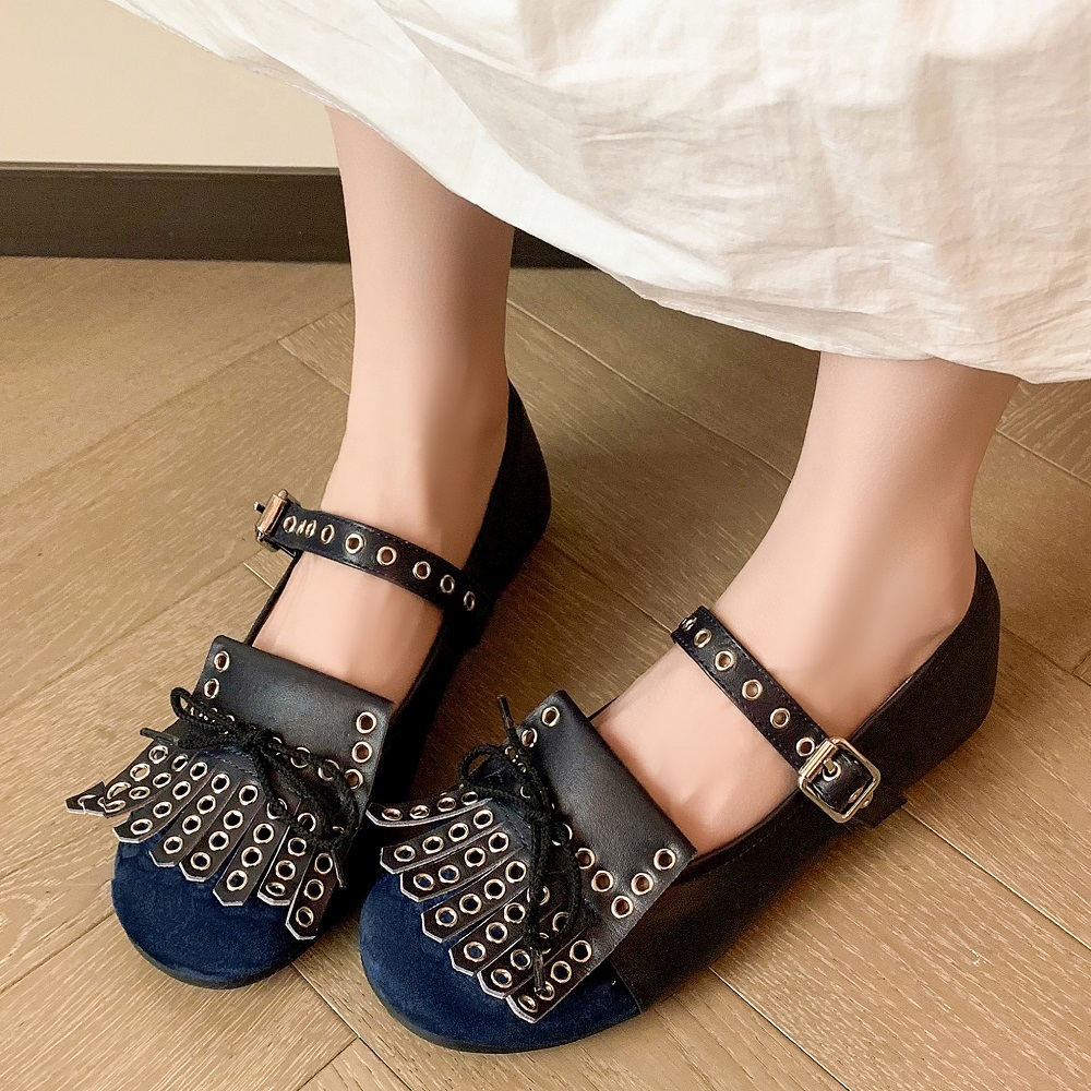 Spring Summer Shallow Mouth Women Shoes Genuine Leather Retro Flat Mary Jane Shoes Rivets Tassel Bow Sweet Cool Daily Wear 60422
