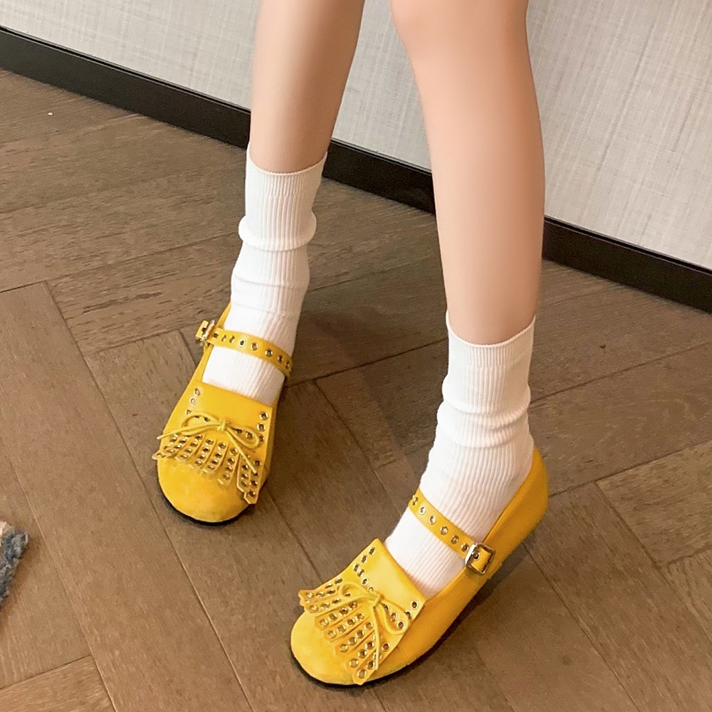 Spring Summer Shallow Mouth Women Shoes Genuine Leather Retro Flat Mary Jane Shoes Rivets Tassel Bow Sweet Cool Daily Wear 60422