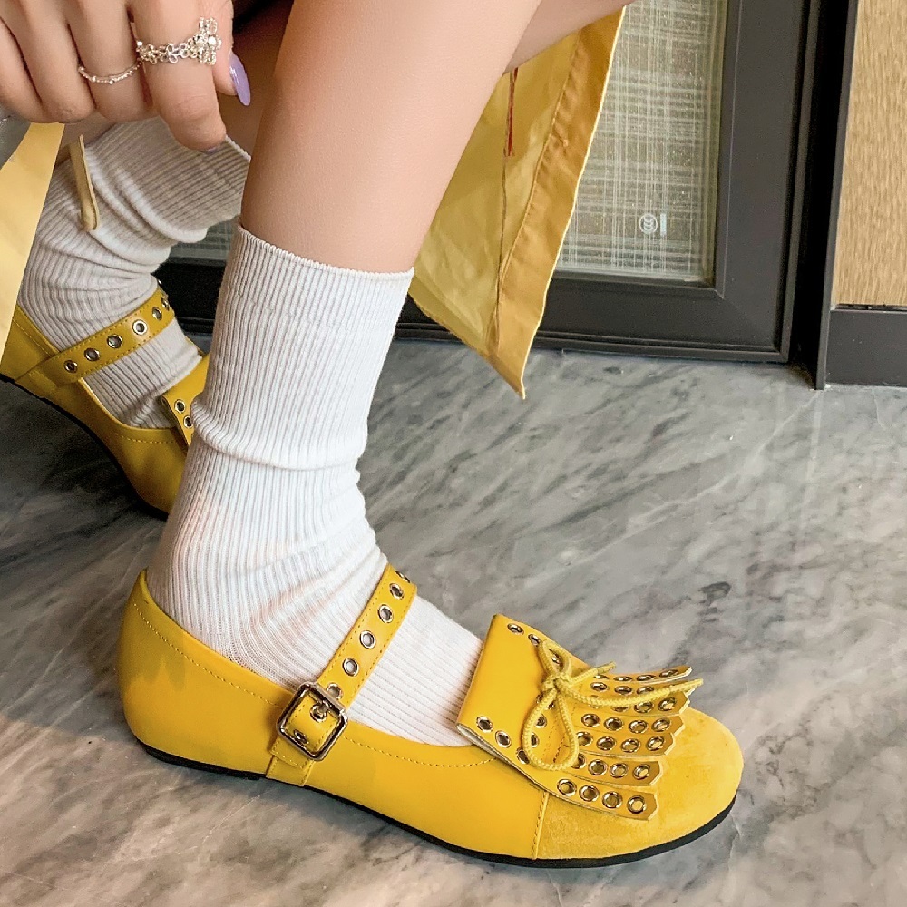 Spring Summer Shallow Mouth Women Shoes Genuine Leather Retro Flat Mary Jane Shoes Rivets Tassel Bow Sweet Cool Daily Wear 60422