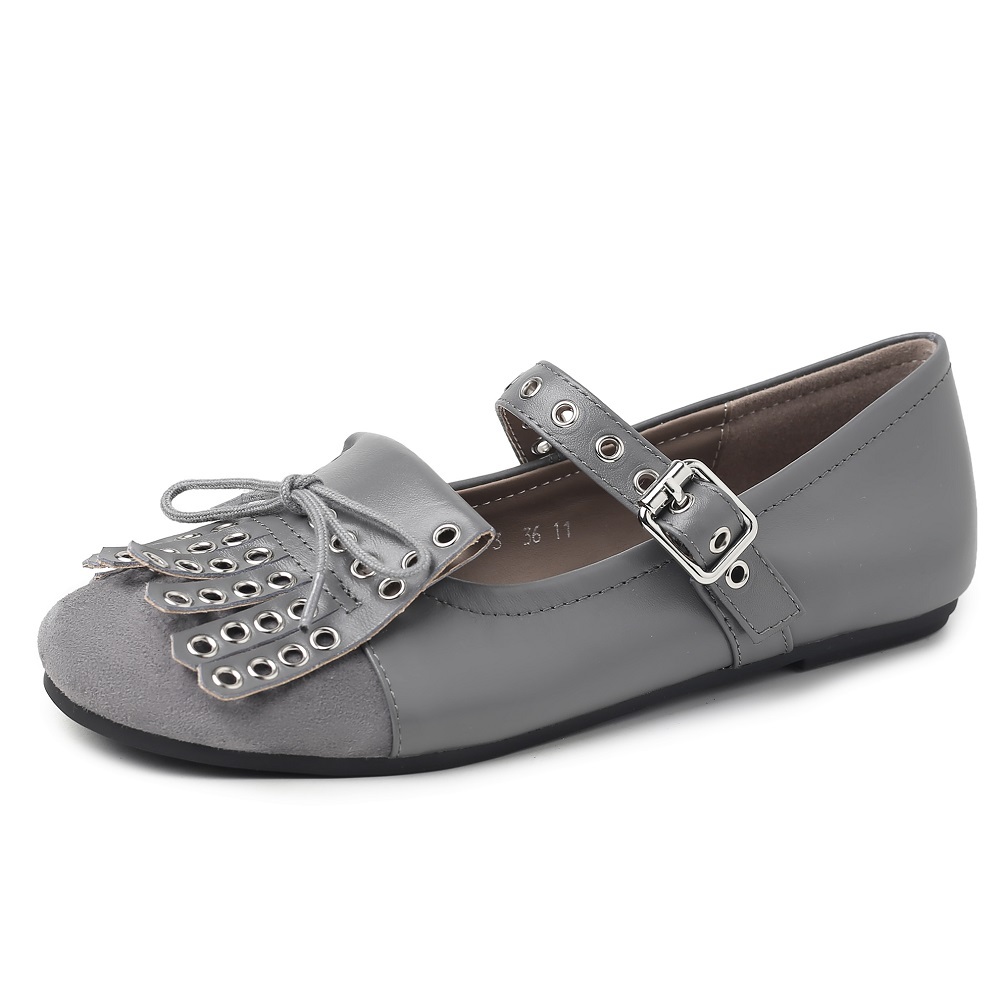 Spring Summer Shallow Mouth Women Shoes Genuine Leather Retro Flat Mary Jane Shoes Rivets Tassel Bow Sweet Cool Daily Wear 60422