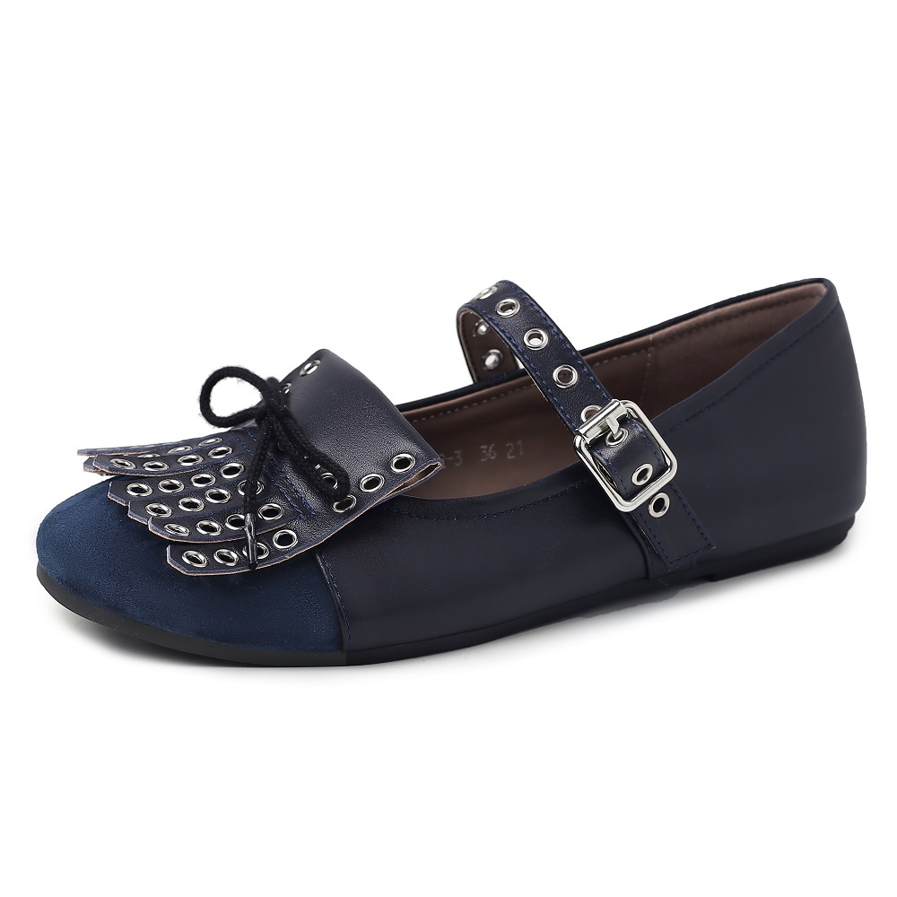 Spring Summer Shallow Mouth Women Shoes Genuine Leather Retro Flat Mary Jane Shoes Rivets Tassel Bow Sweet Cool Daily Wear 60422